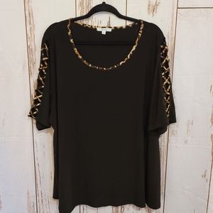 89th & Madison Black Top with Leopard Print Detail